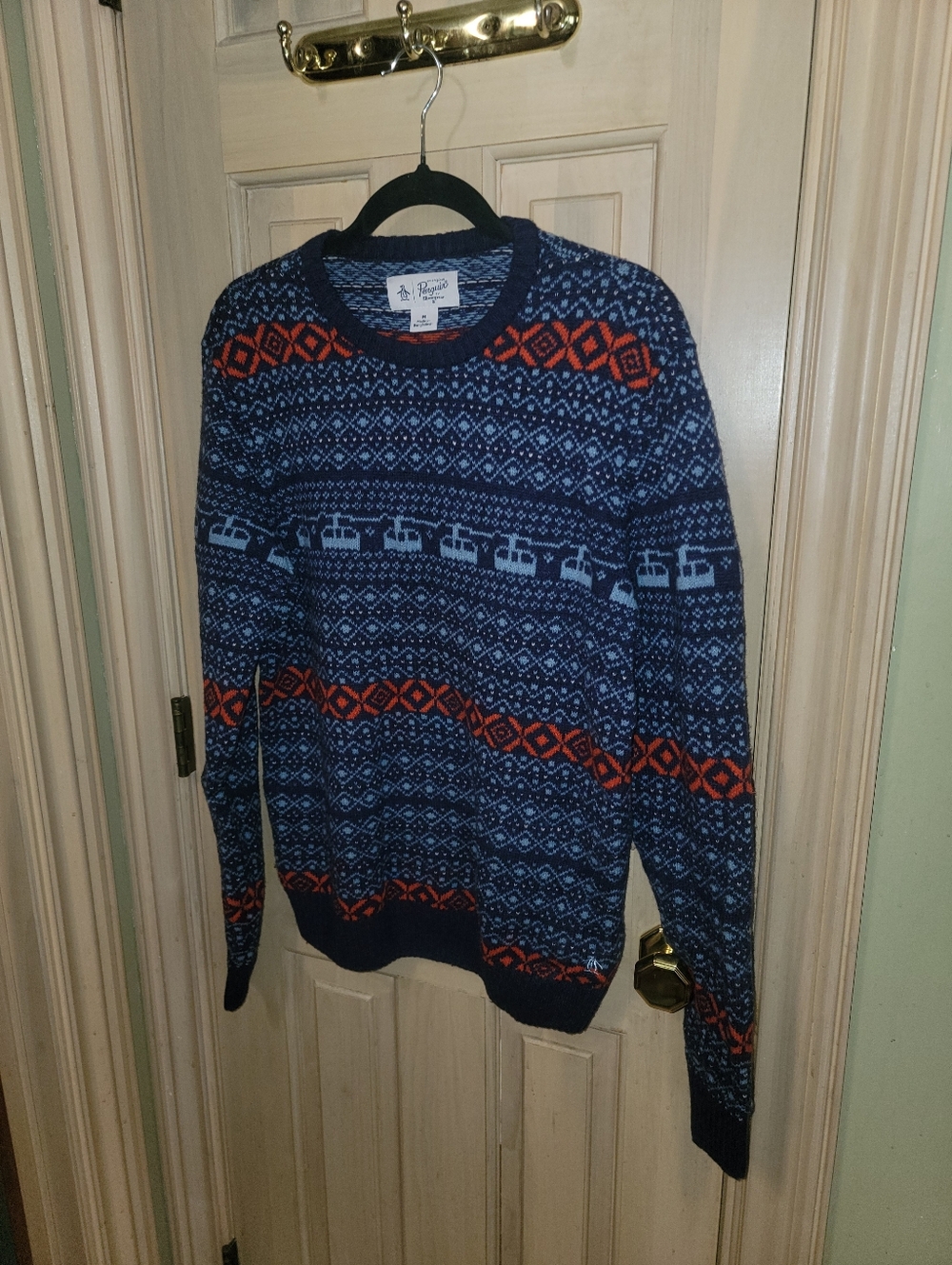 Mens Sz M Original Penguin Ski Lift Sweater Navy Gondola Fair Iske Pattern